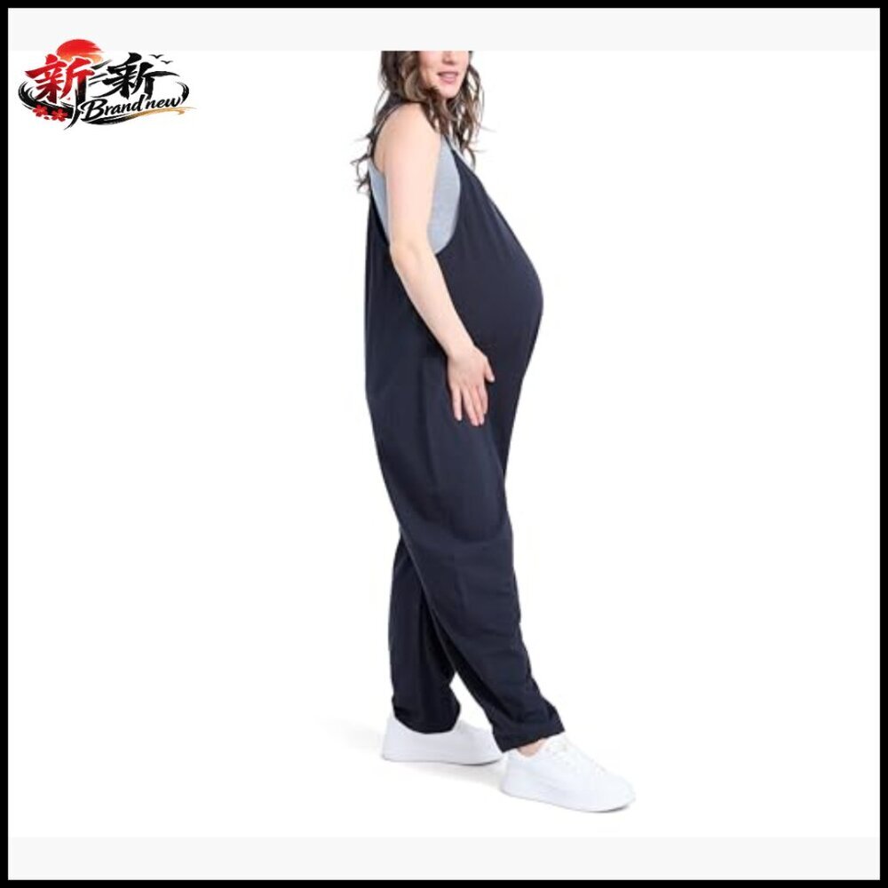 Cotton Blend Sleeveless V-Neck Jumpsuit with Pockets for Maternity - Picture 3 of 6